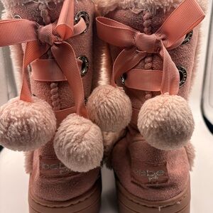 bebe Girls Pink Fur Trim Pom Pom Snow Boots Ribbon Bow Lined Mid Calf Flat